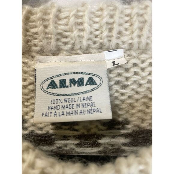 Gorgeous Vintage Alma Fair Isle Wool Cable Knit Cream Sweater Fisherman Large - Picture 2 of 3